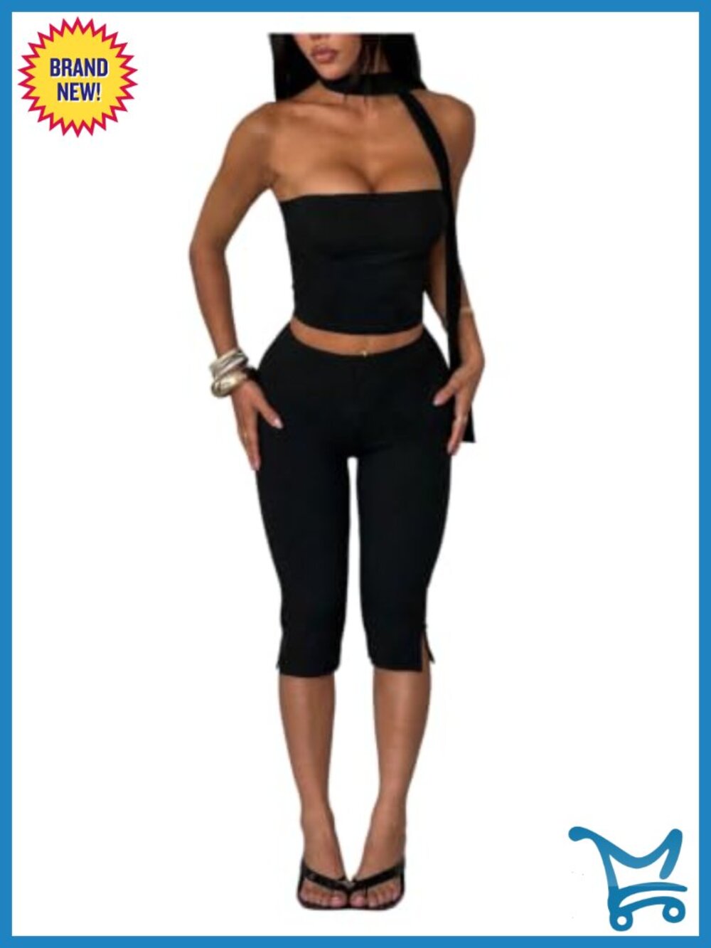 2 Piece Outfit Sleeveless Bandeau Top High Waist Capri Leggings Set